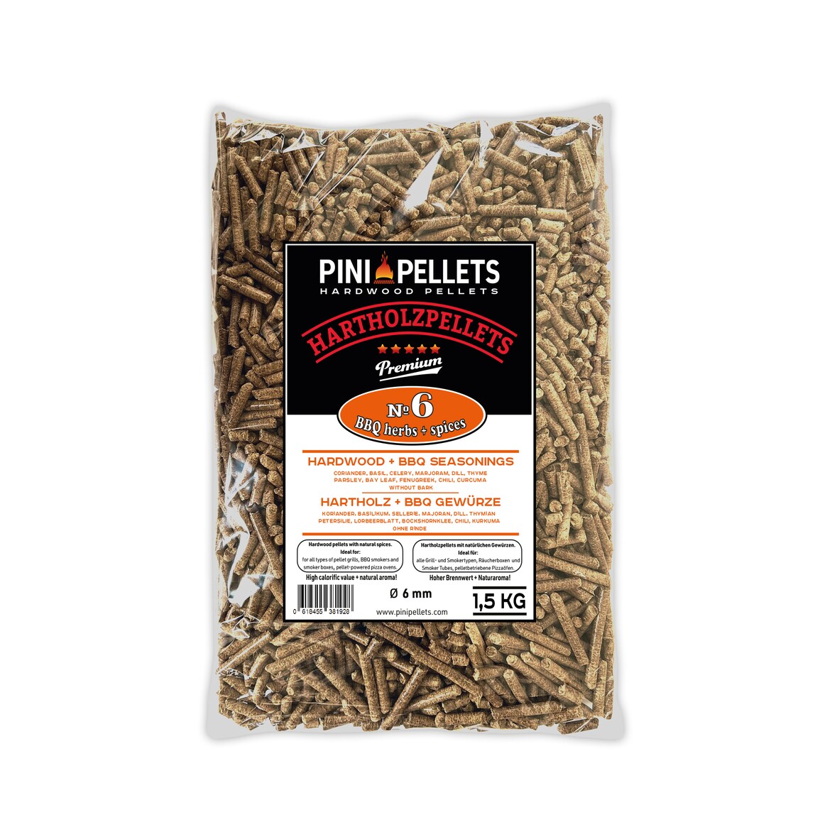 PINI Hartholz Pellets mit Gewürzen Nr. 6 BBQ Gewürze 1,5 Kg zum Grillen Räuchern Smoken