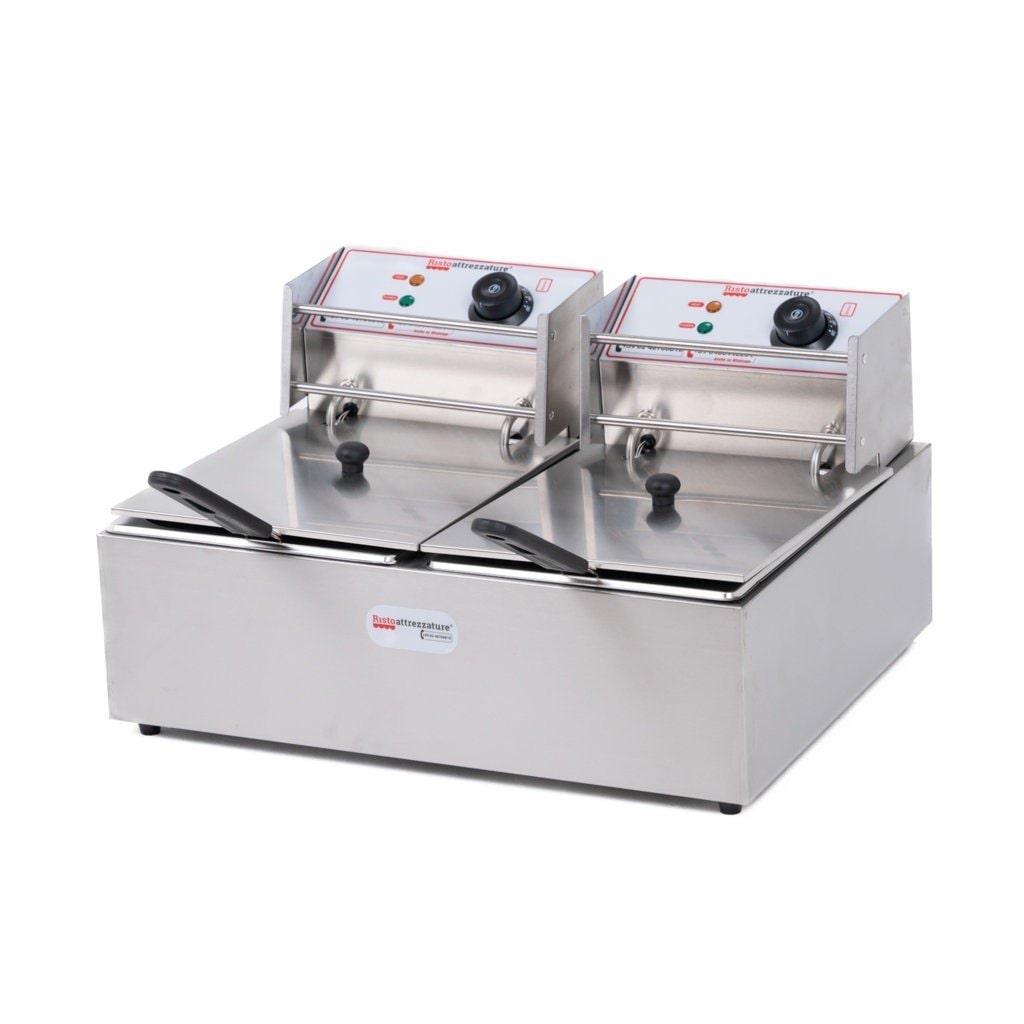 Friggitrice Elettrica Doppia Vasca, Professionale in Acciaio Inox - 6+6 Litri, Capacità Olio 4+4 Litri