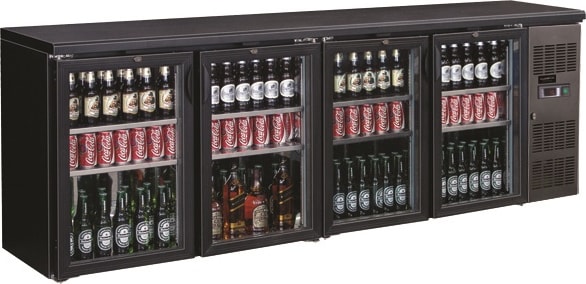 Barkühlschrank TOKEH | 4x abschließbare Glastür + LED | 698 Liter, HxBxT 86x254,2x53,5cm | +2/+8°C | Schwarz | + CHEFGASTRO Geschirrtuch