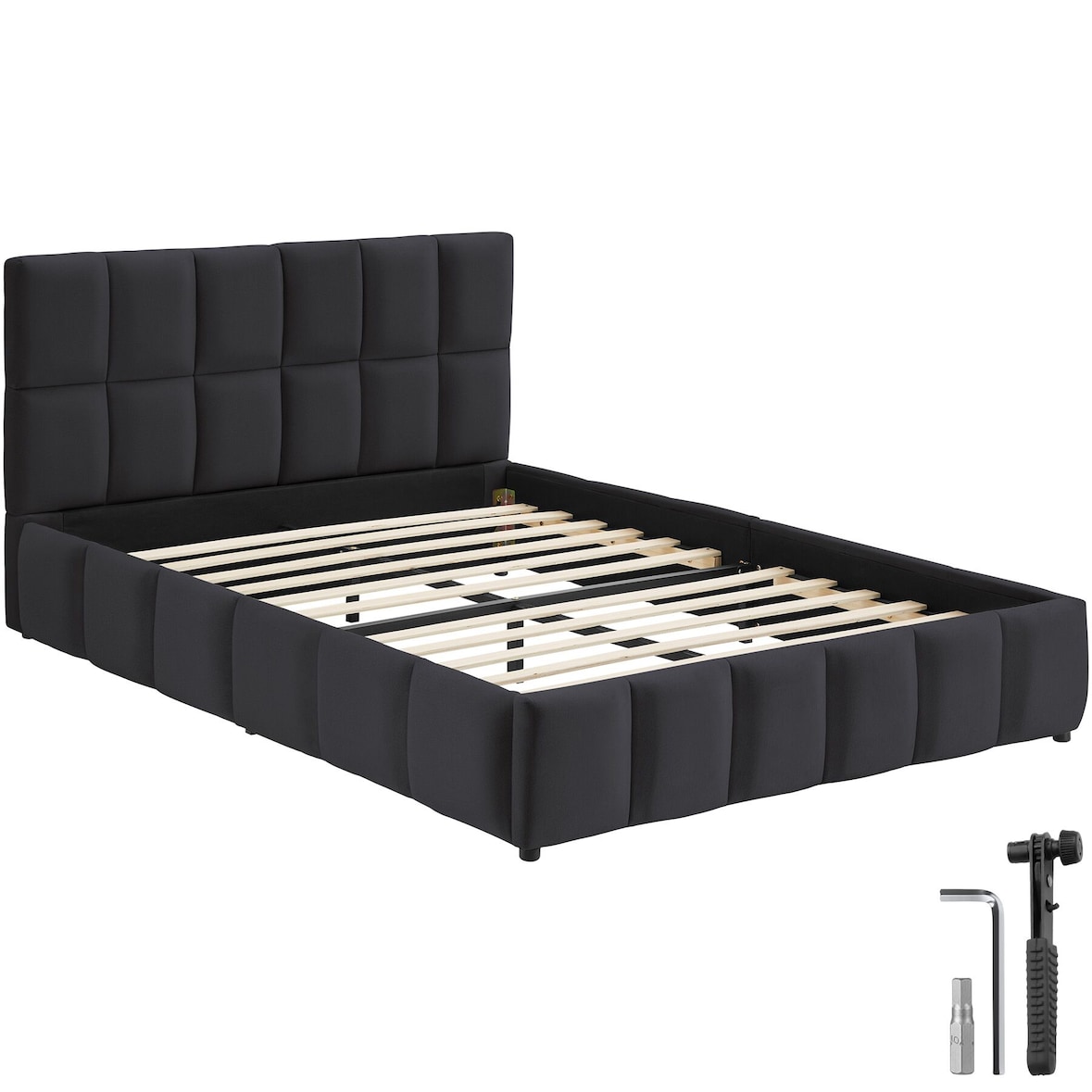 tectake Cama tapizada Shirley con somier de láminas, capacidad de carga de 250 kg - 140 x 200 cm Terciopelo negro