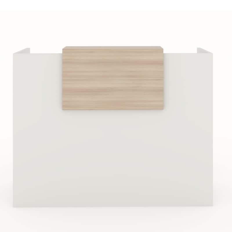 Oficit. Mostrador de recepción y oficina, blanco con sobremostrador haya. Fácil de montar. Fabricado en España. Medidas: 140x50x105(an x fon x alt)