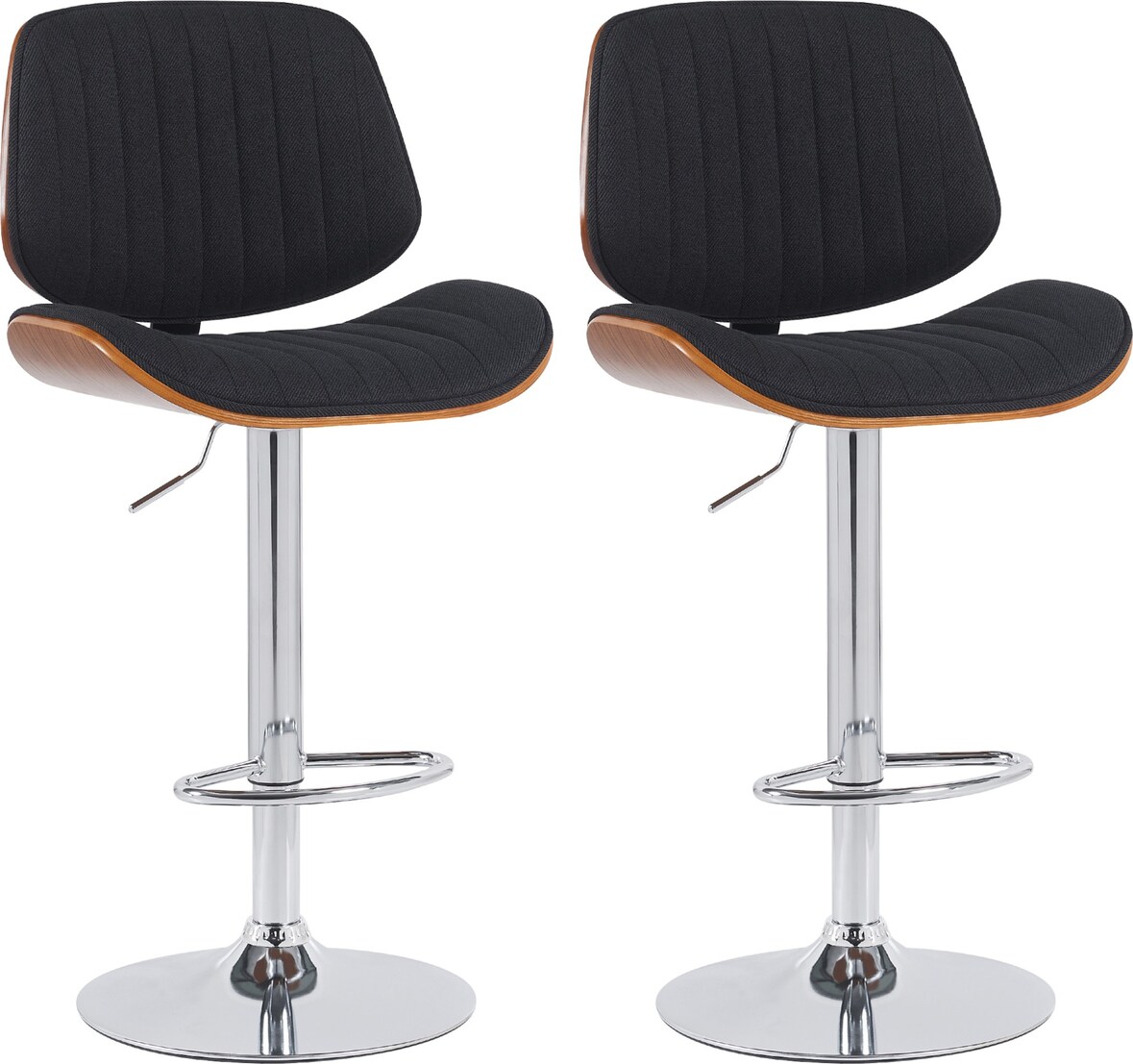 2er Set Barhocker LOSAN - Stoff Walnuss/schwarz 50x50x94 cm Schwarz Dunkelbraun Silber | Barstuhl Höhenverstellbar Mit Lehne Drehbar Tresenhocker