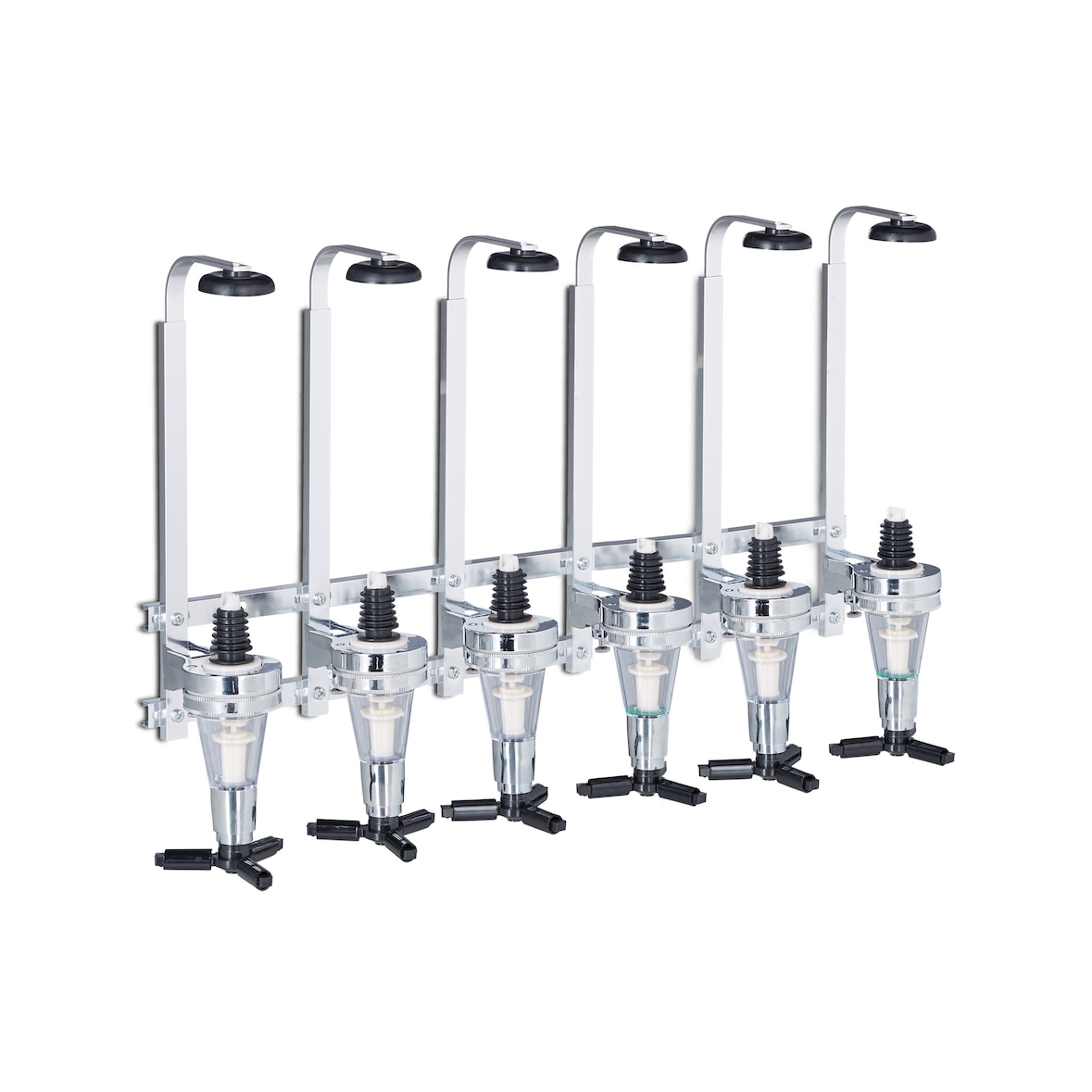 Relaxdays Barbutler Wand, Portonierer für 6 Flaschen, Profi Portionierer 3 cl, Bar Accessoire, HBT: 53x36x11 cm, silber