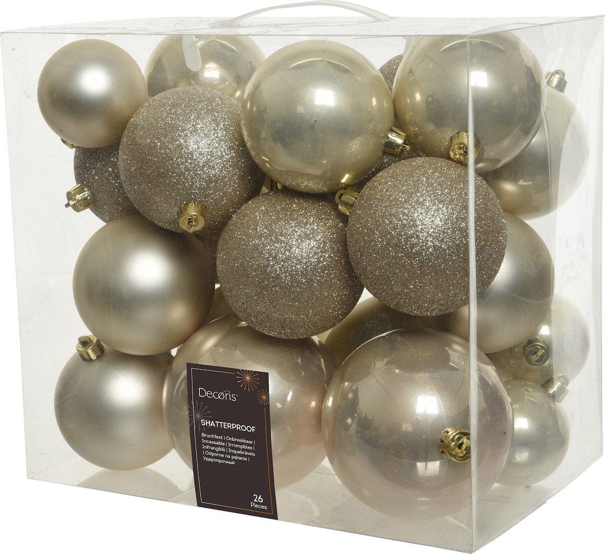 26 Weihnachtskugeln Kunststoff 6-10cm MixSet Christbaumkugeln Glitzer champagner