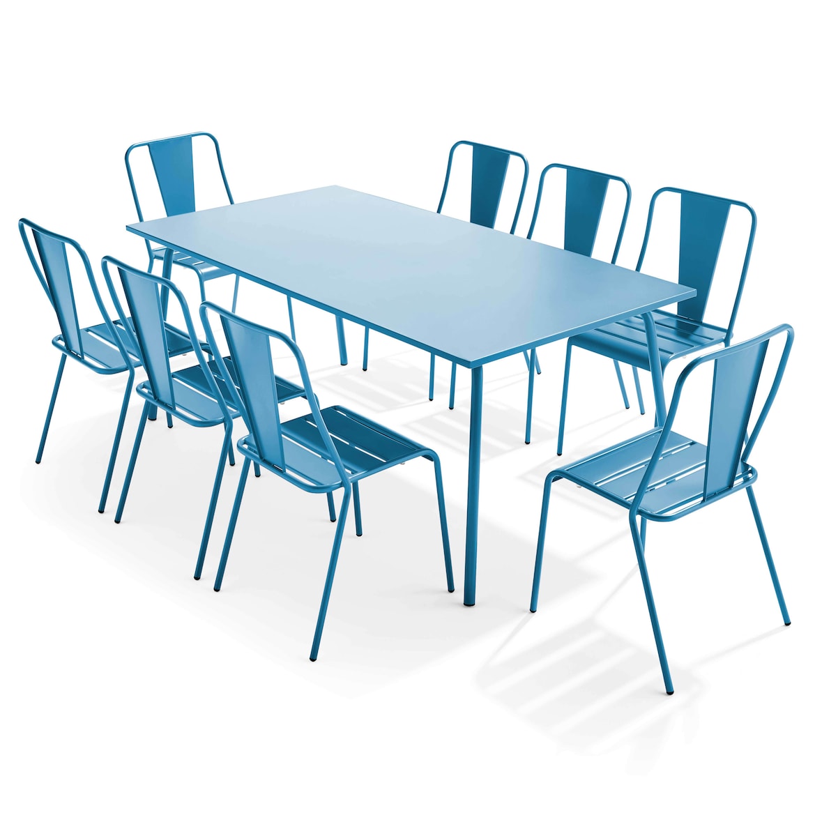 Ensemble table de terrasse et 8 chaises bistrot en acier bleu pacific - Oviala