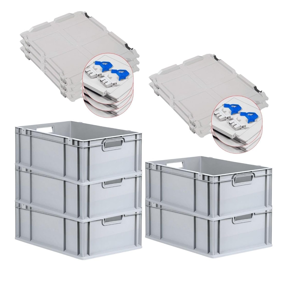 PROREGAL SuperSparSet 5x Eurobox NextGen Economy mit Scharnierdeckel & blauen Verschlüssen, Griffe offen, HxBxT 22x40x60cm, 44L, Eurobehälter, Box