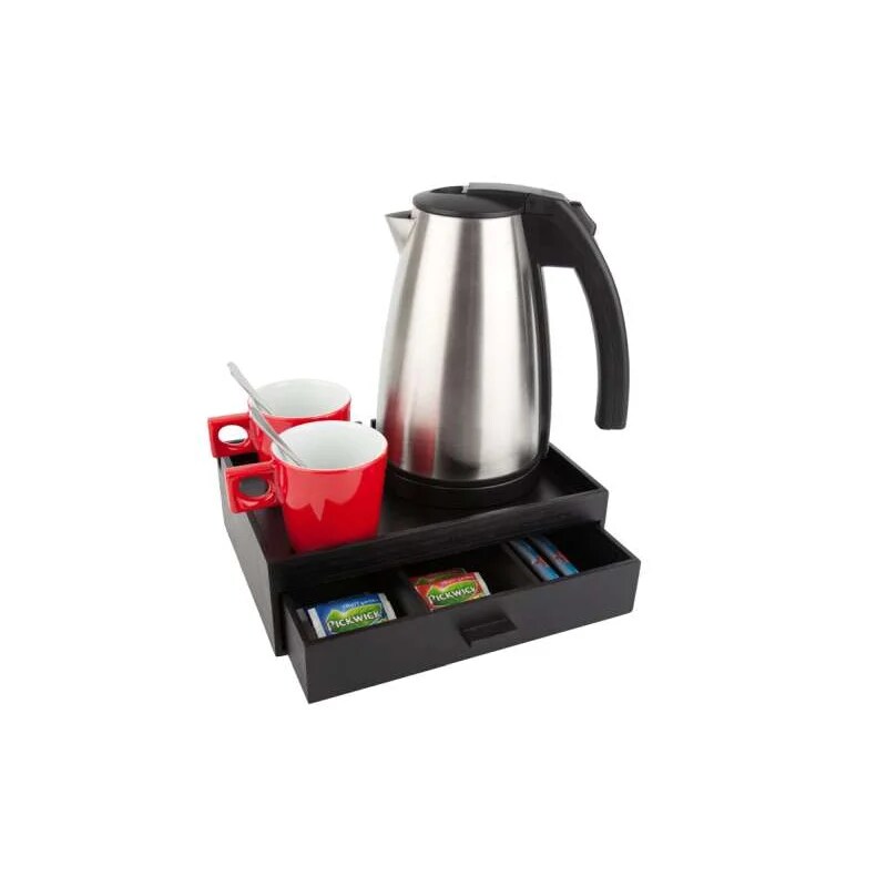 Willkommenstablett SMART Dunkelbraun mit Wasserkocher STYLE 1,0 L Edelstahl und 2 rote Porzellantassen