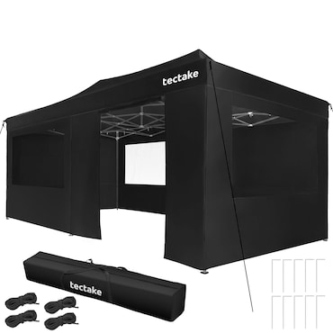 tectake Pavilhão dobrável 3x6 m, alumínio, 6 painéis laterais 600 x 300 x 316 cm Preto