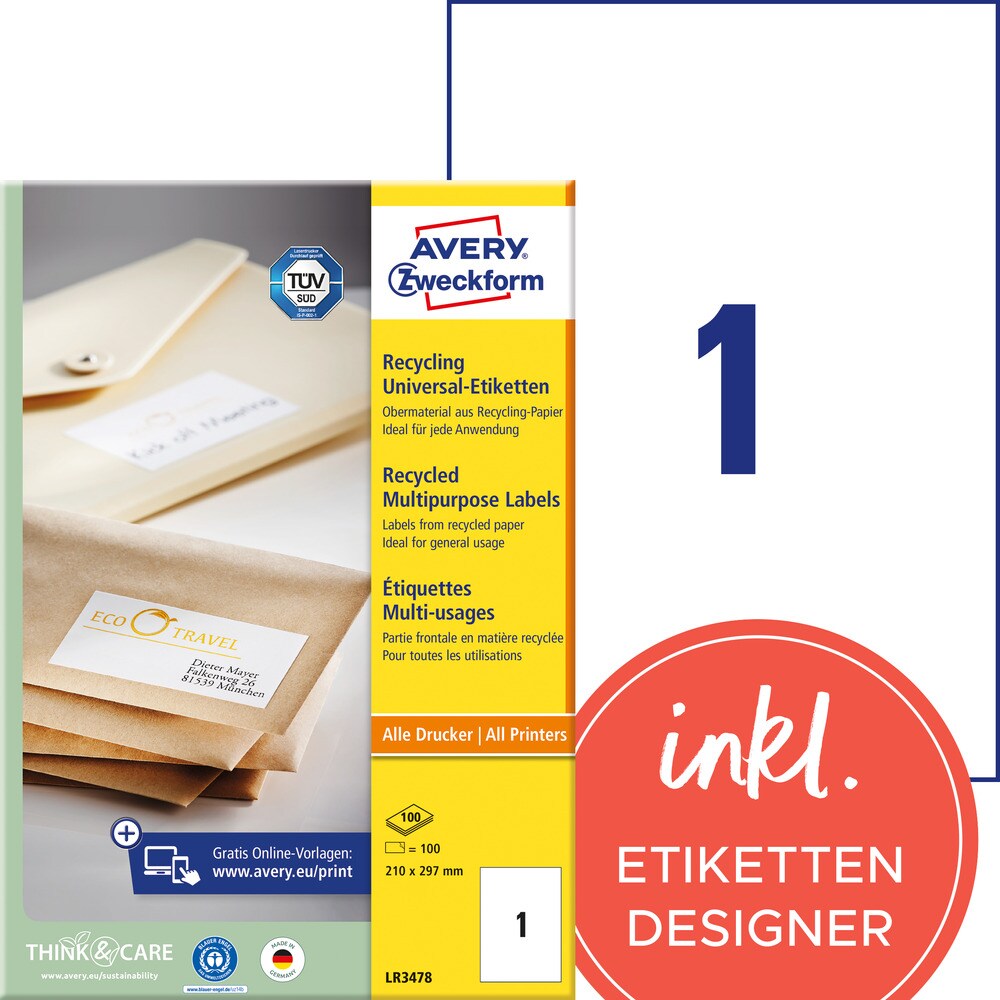 Avery Zweckform LR3478 Recycling Universal-Etiketten, A4, 210 x 297 mm, 100 Bogen/100 Etiketten, naturweiß