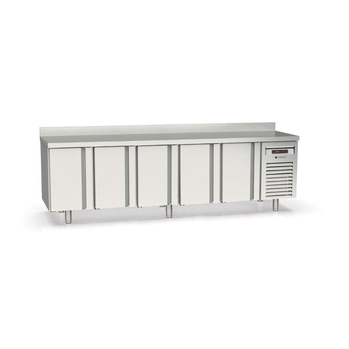 CORECO Meuble Gn1/1 700 Avec Evier Au Dessus Du Groupe - 5 P. Pleines - -2/+8 - 2695X700 X850 - Int Et Ext  - P. Embouties Inox - Dosseret MRGF-300