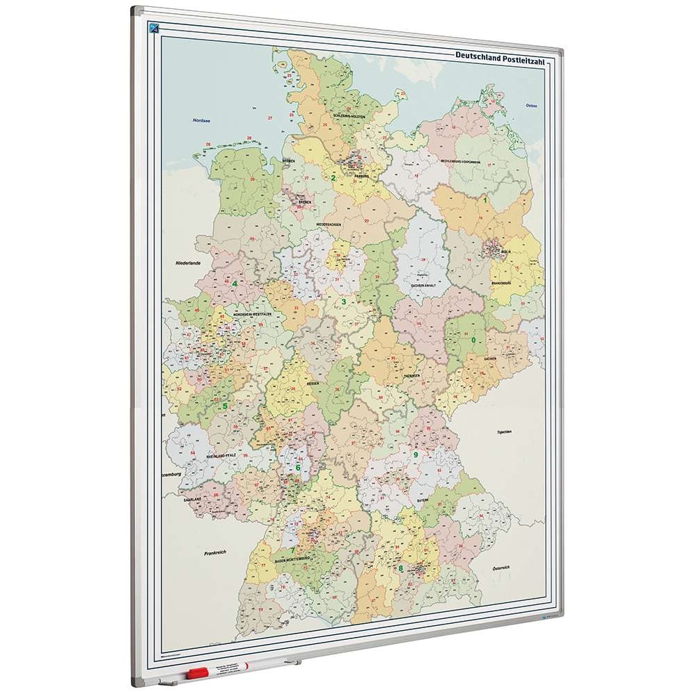PROREGAL Magnetisches Whiteboard Landkarte PLZ Deutschland | HxBxT 120x90cm | mit Befestigungsmaterial & Stiftablage | Sublimationsstahl