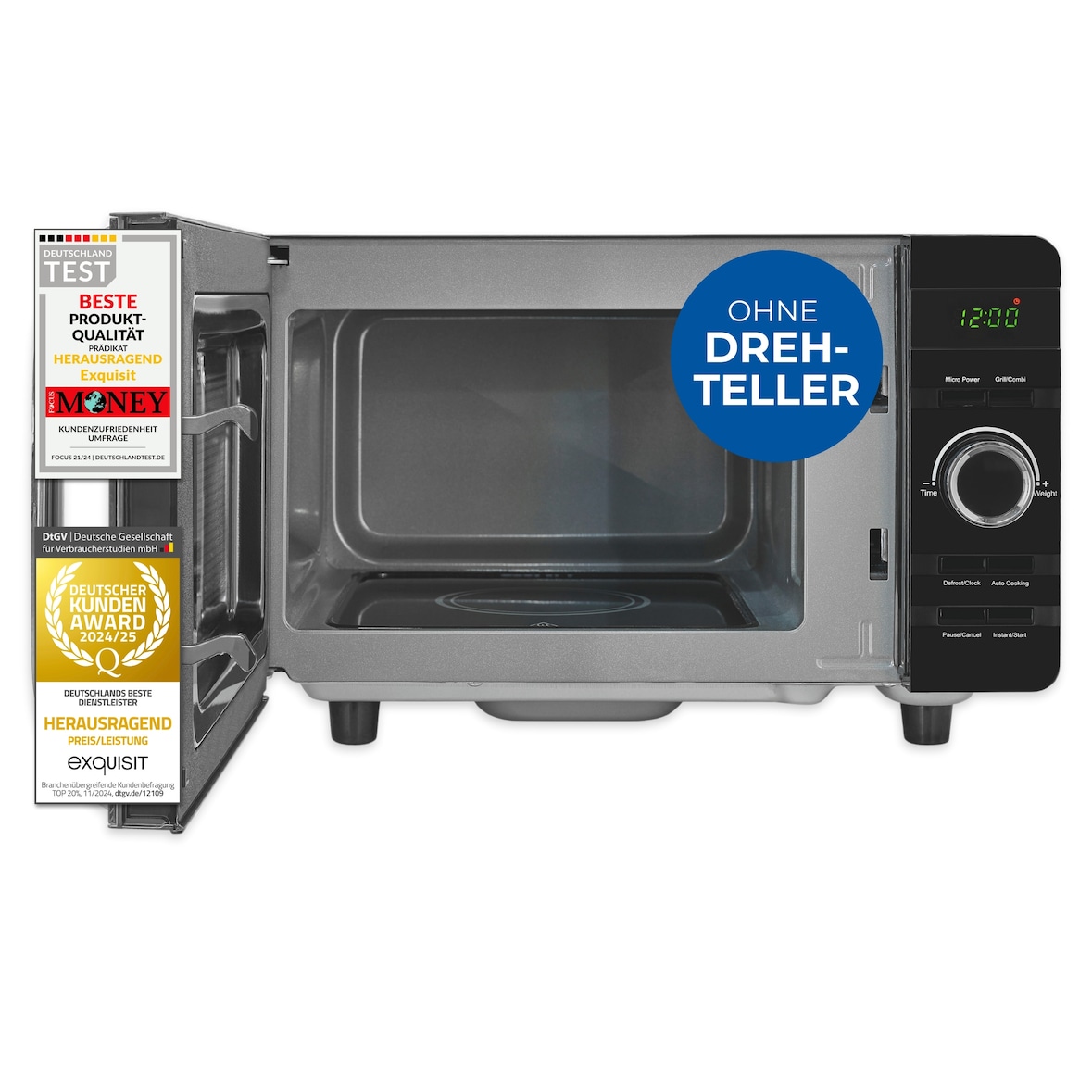 Exquisit Mikrowelle ohne Drehteller, 800 Watt Grill, 700 Watt, 20 Liter Volumen, Timer, Mikrowelle Flachbett, Auftaufunktion, MW4020-F-240DIG schwarz