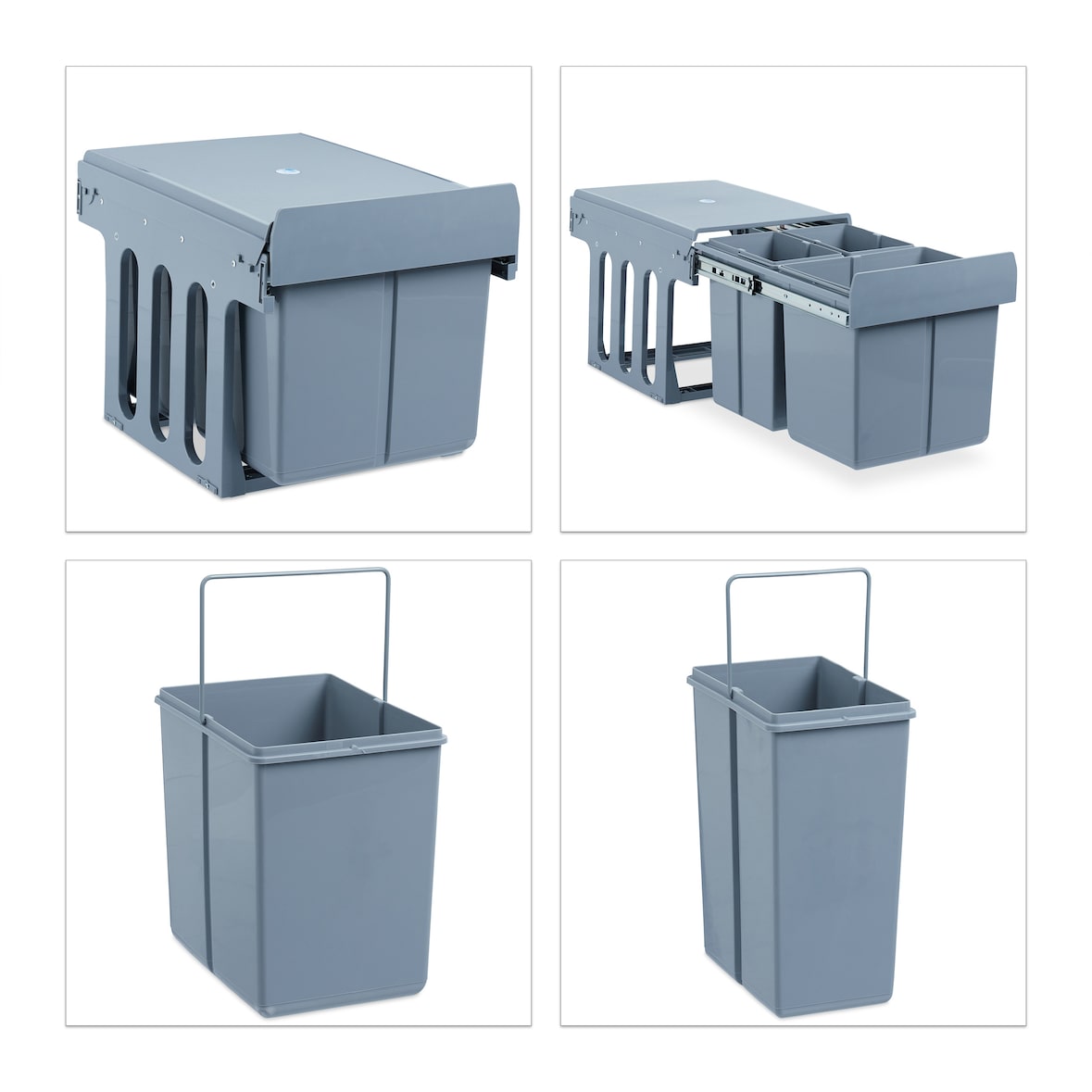 Relaxdays Einbaumülleimer Küche, Auszug, Müllsystem Unterschrank, 15 & 2x 8 l, Kunststoff, HBT 35,1 x 34,3 x 48 cm, grau
