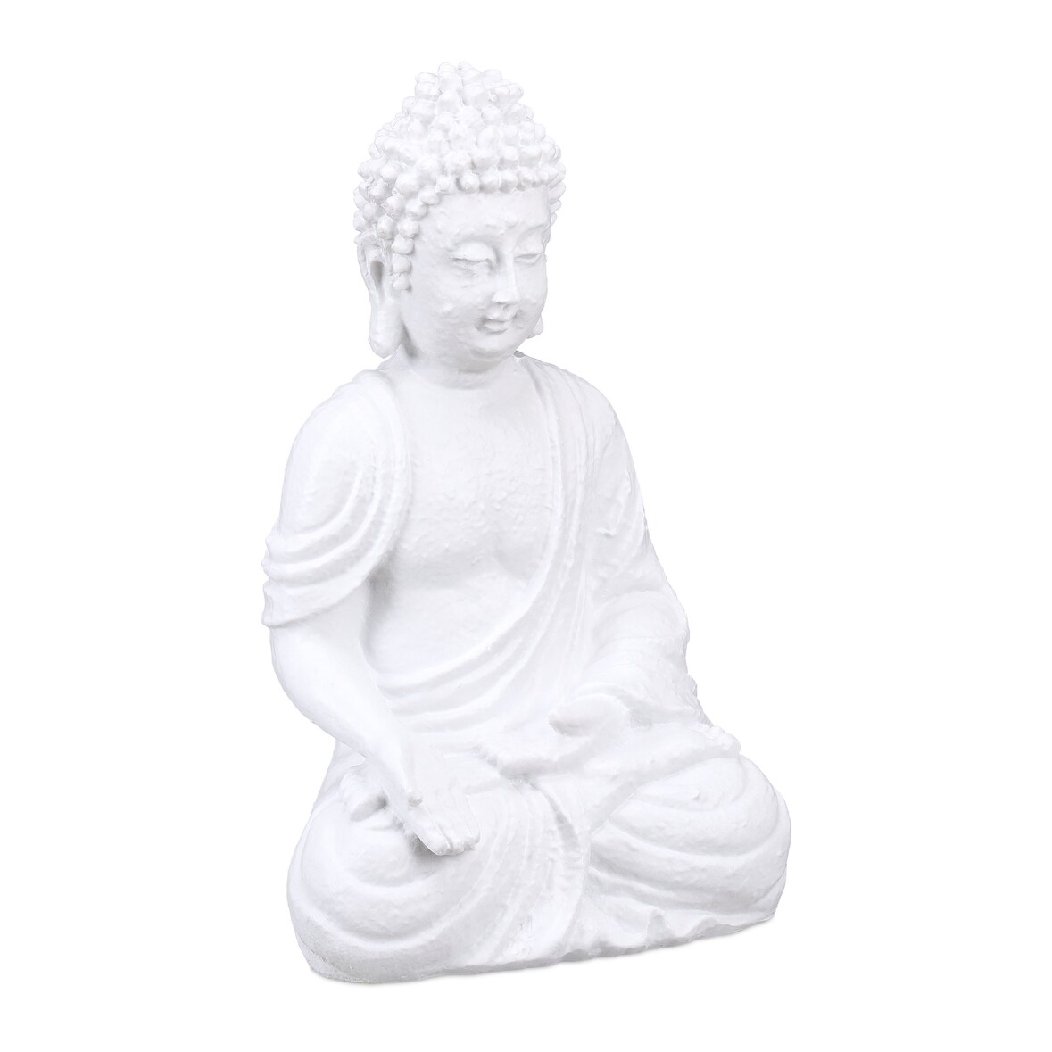 Relaxdays Buddha Figur, Polyresin, wetterfest & frostsicher, Gartendeko, HxBxT: 30x19,5x12 cm, Indoor & Outdoor, weiß