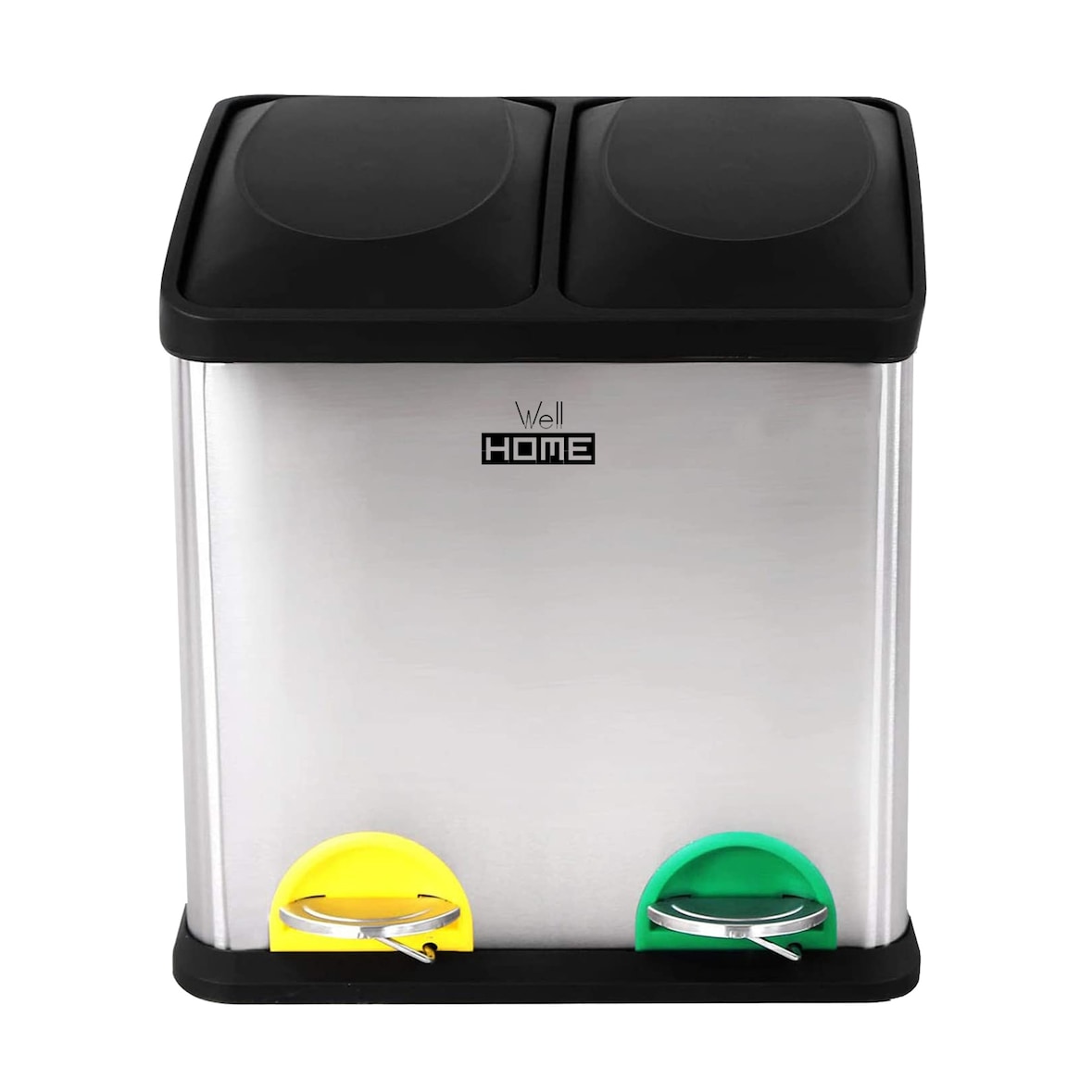 WellHome - Caixote do lixo ecológico 16 litros com 3 compartimentos (2x8L), cor Prateada - 31x26,5x39,5cm