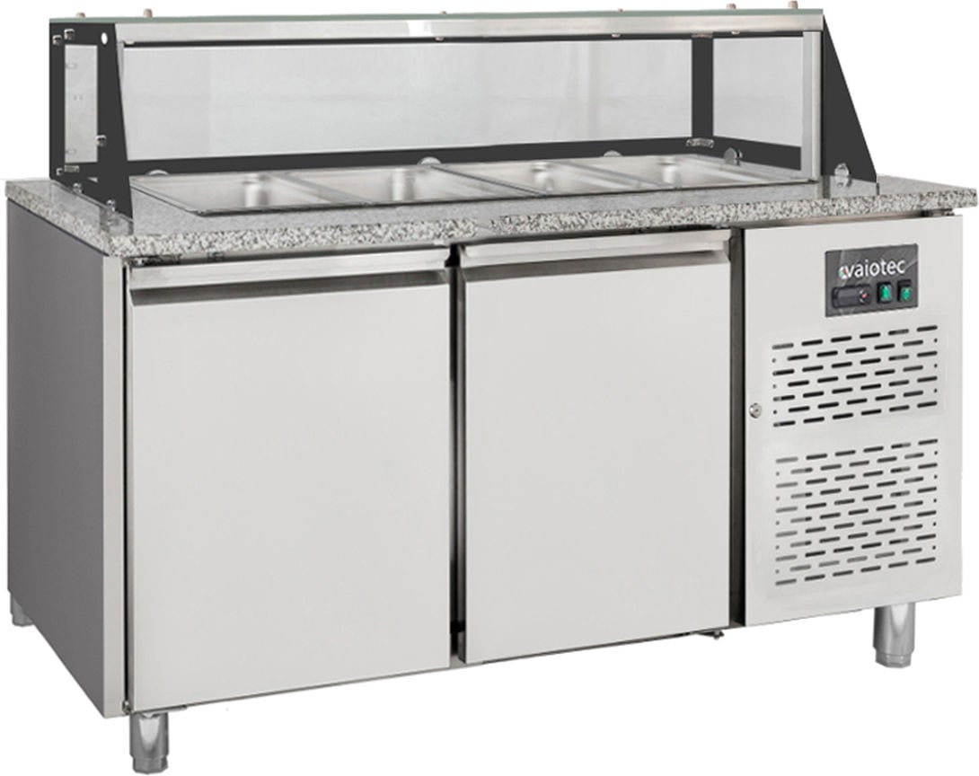 vaiotec Salattheke / 2-fach mit Türen, Glasaufbau, für 4x GN 1/1 "grau", 1500 x 800 mm
