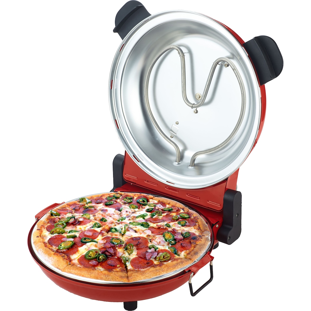 Horno para pizza Sirge 1200W, 400°C, 30cm, piedra refractaria esmaltada resistente a los arañazos, accesorios, temporizador de 15 min, color rojo