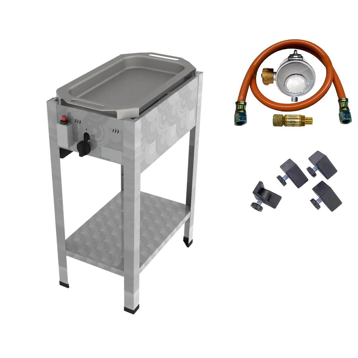 ChattenTec Professional doppelwandiger Gastrobräter 1-flammig Standgerät 4 kW, Flüssiggas 340x530x830 mm mit Gewerberegler und Pfanne