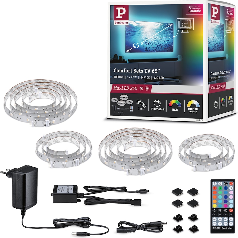 LED-Streifen-Set mit Fernbedienung und Netzteil.