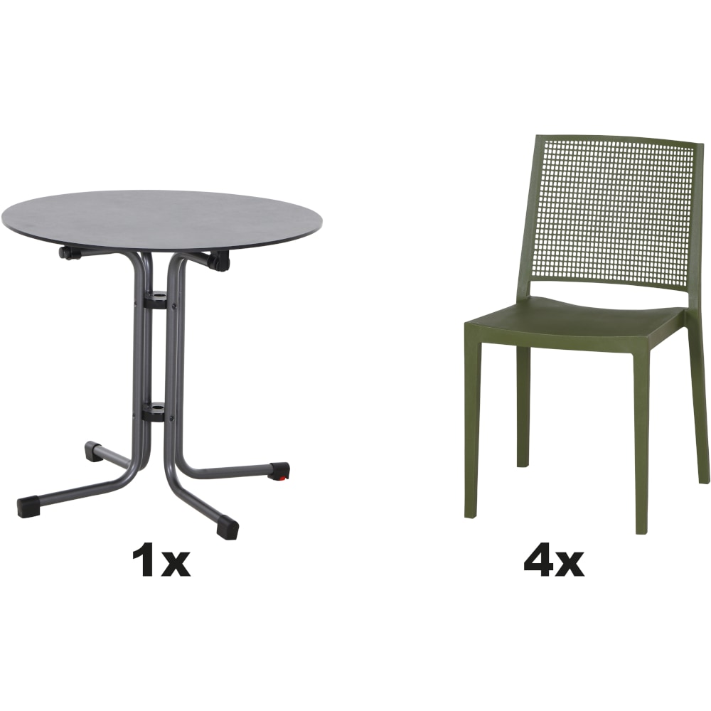 SIENA GARDEN Urban Lights Set 5teilig Square Stuhl gastrotauglich olive mit Tisch Sola Ø80