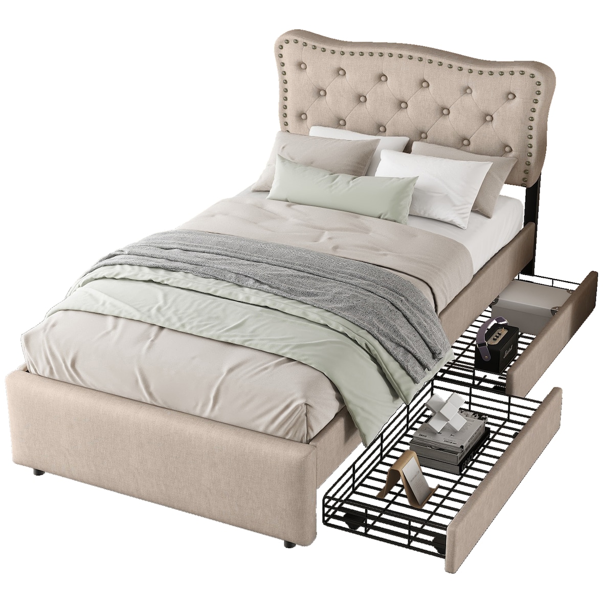 Polsterbett 90x200 mit Stauraum, Einzelbett mit zwei Schubladen, verstellbarer Nachttisch, gepolstertes Bettgestell Dunkelbeige