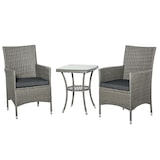 thumbnail of Balkonmöbel Set 3 tlg Tisch und 2 Stühle 60x59x90 cm Grau mit Sitzkissen Rattan Optik Metallrahmen gehärtete Glasplatte wetterfest