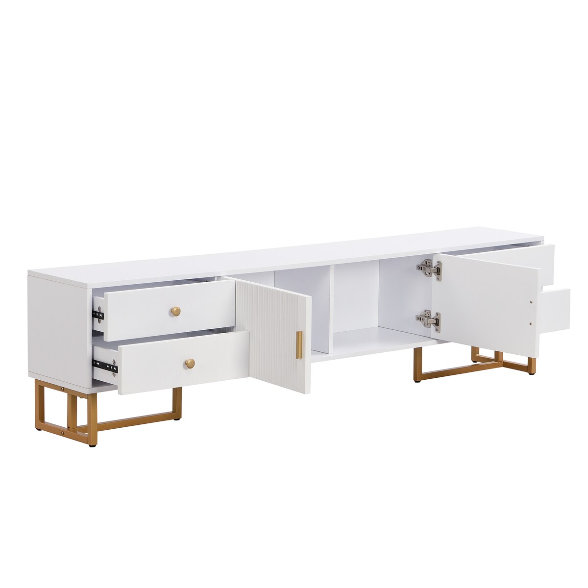 OKWISH TV-Schrank 175x30x46 cm Weiß mit Schubladen und Türen Wohnzimmer Aufbewahrung modernes Design elegante Eisenfüße robust praktisch