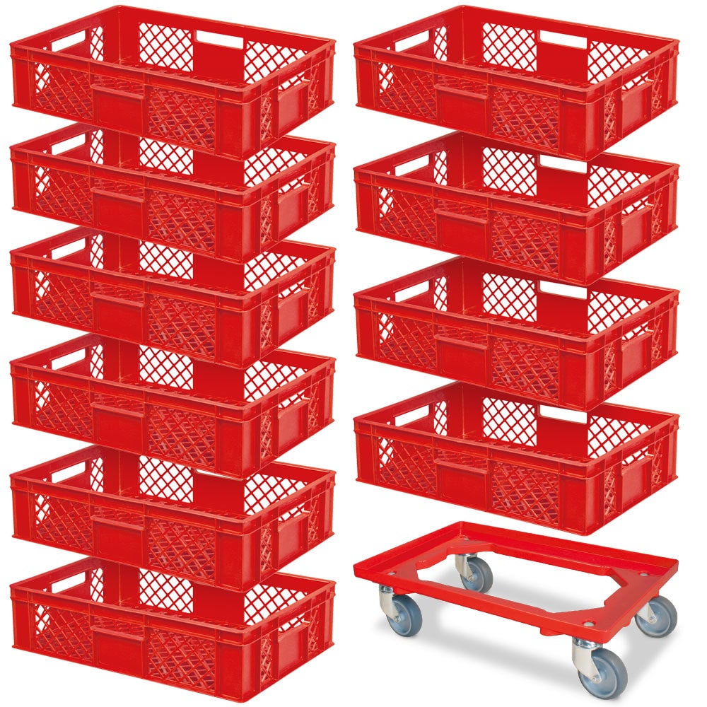 10 Euroboxen, 600x400x150 mm, lebensmittelecht, rot + 1 Transportroller