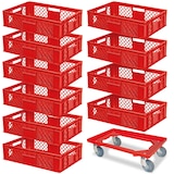 thumbnail of 10 Euroboxen, 600x400x150 mm, lebensmittelecht, rot + 1 Transportroller
