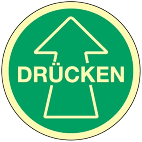 Aufkleber Piktogramm Drücken mit Pfeil, Folie, langnachleuchtend, Ø 100 mm