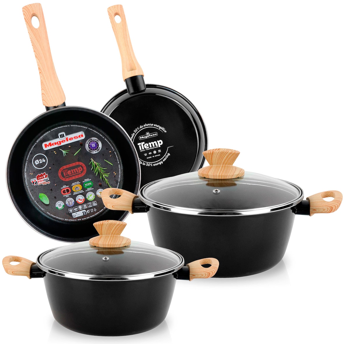 Magefesa Orbe Set di Pentole Induzione 6-Piece Antiaderente Casseruoli, Padelle Design Moderno, Nero