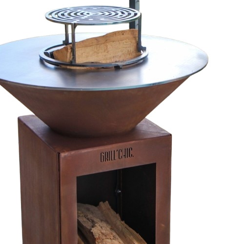 Pack Brasero Découverte - CEVENOL Simple Cuve Corten - Brasero meuble range bois - Rond - Grille et Stop-Food inclus