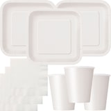 thumbnail of Party Deko Set weiss Einweggeschirr für 14 Personen eckige Teller, Becher, Servietten Hochzeit Geburtstag