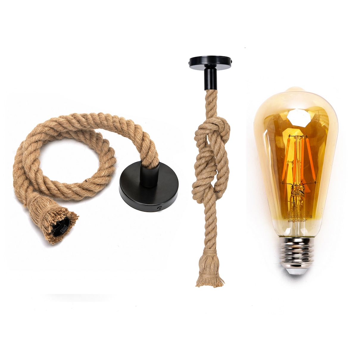 E27 Hanfseil-Lampenfassung mit Kabel Hängelampenhalter Vintage Nostalgie Retro Natur + LED Leuchtmittel