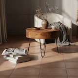 thumbnail of Couchtisch aus Sheesham-Massivholz mit Schubladen und schwarzen Metallbeinen, Handgefertigt. 60x60x44 cm | Kadima Design