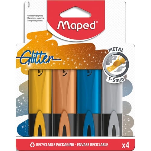 Etui de 4 surligneurs Fluo'Peps Glitter Métal, encres or, cuivre, bleu métal, gris métal