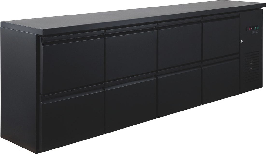 GastroHero Barkühltisch 8 Schubladen 2545 mm Getränkekühler Umluftkühlung +2 bis +8 °C LED schwarz 687 Liter Gastro Kühltisch