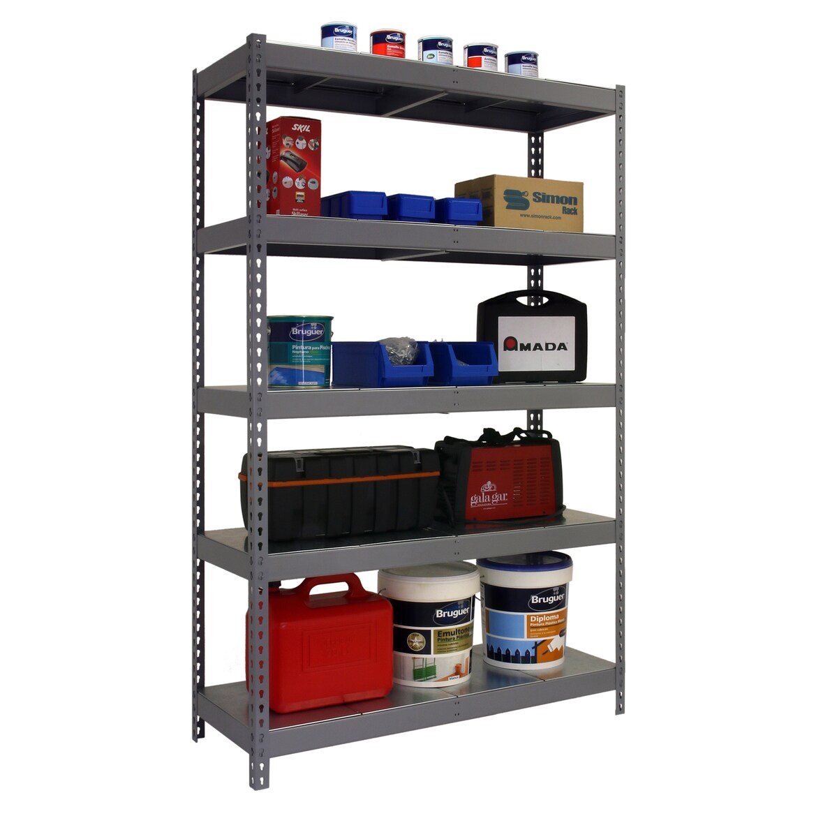 Estante metálica sem parafusos com tabuleiros metálicos Bricoforte 5 prateleiras. Cor CINZA/GALVA 2000x1200x600 mm