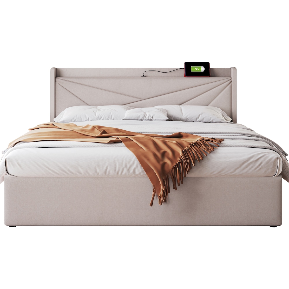 OKWISH Polsterbett 160×200 mit Stauraum, USB Typ C Ladefunktion und gepolstertem Kopfteil aus Baumwolle-Leinen, modernes Design, Beige