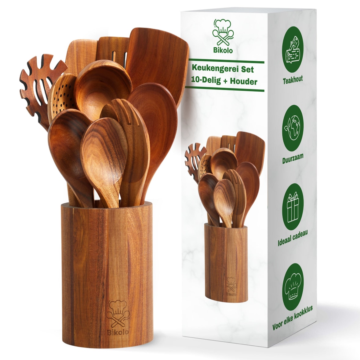 Bikolo® Keukengerei Set 10-Delig + Houder - Houten Spatel - Spatels - Kookgerei Set - Spatelset