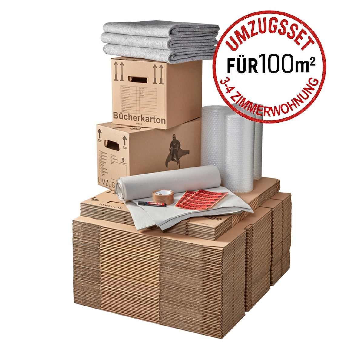 Umzugskomplettpaket 3 bis 4 Zimmer/Haus 100 m² (70x Kartons 3x Folie 3kg Papier 1x PP28 3x Decken 20x Etiketten 1x Stift) Umzugsset BB-Verpackungen