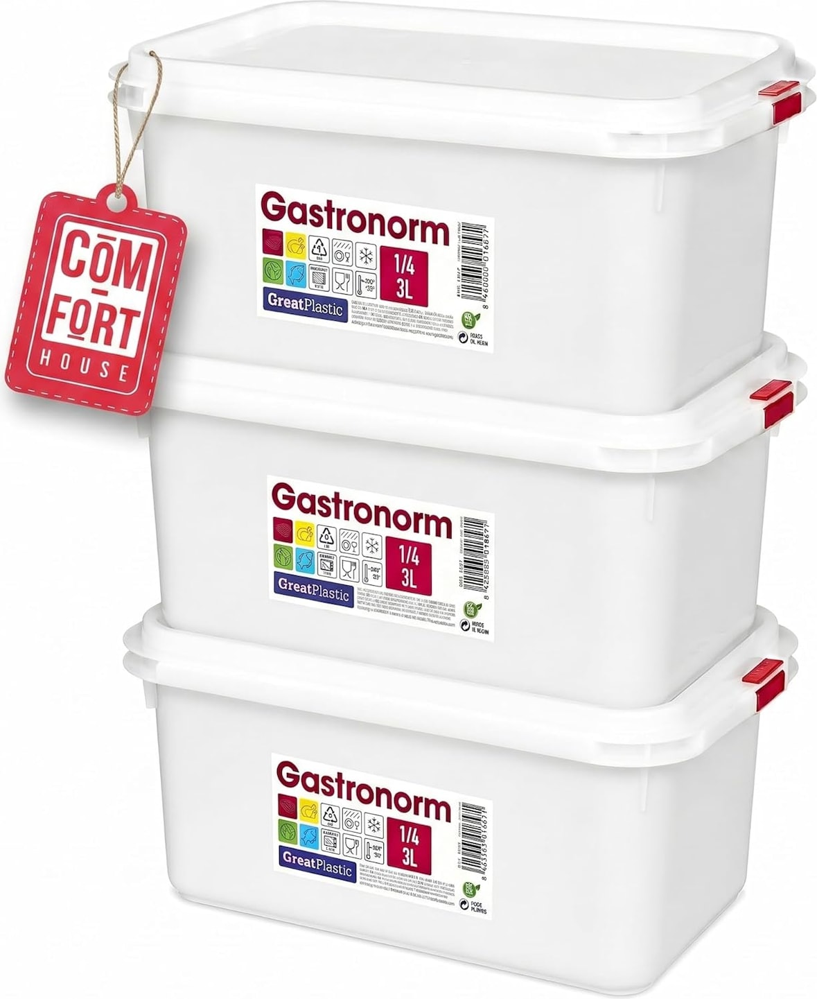 Tupper Hermético Rectangular 3L Pack 3 – Recipientes con Tapa, Aptos Microondas, Lavavajillas y Congelador, Blanco
