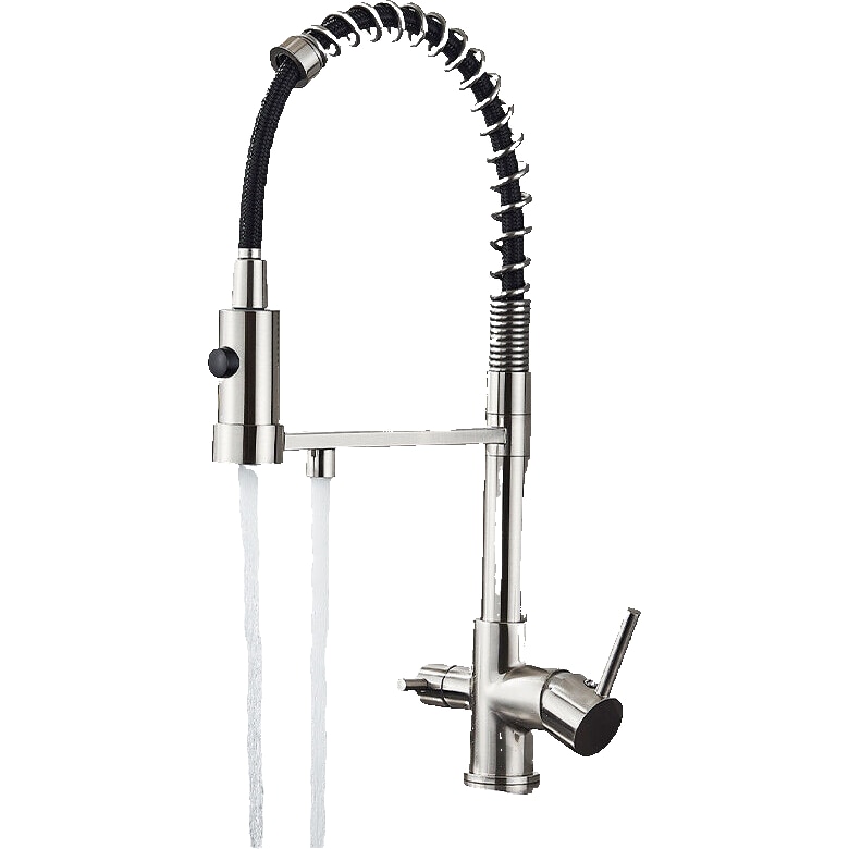 Bernd | Estera filtrante cepillada plateada para gastronomía de 3 vías Grifo ósmosis de acero inoxidable con resorte para cocina giratorio 360°