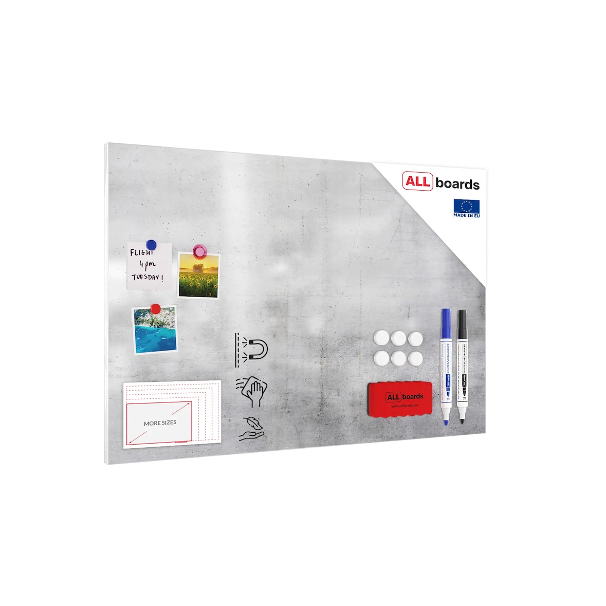 ALLboards Tableau magnétique pour aimants METALboards, ciment 90×60 cm + ensemble d’accessoires