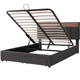 thumbnail of Stylisches LED-Bett 140x190 mit Leinenoptik – Graues Polsterbett mit verstellbarer Beleuchtung, Lattenrost stabiler MDF-Rahmen Grau