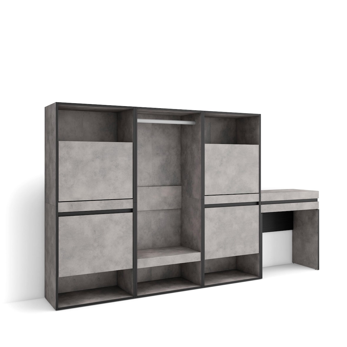 Schoenenkast, 250x35x145cm, Voor slaapkamer, Open Kledingkast, Kaptafel, Make-uptafel, Cement - 460_50
