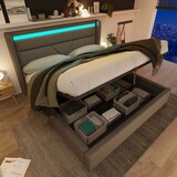 thumbnail of Hydraulisches Polsterbett mit LED-Beleuchtung, Fernbedienung, großem Stauraum, modernes Funktionsbett, PU-Material 160 × 200, Grau