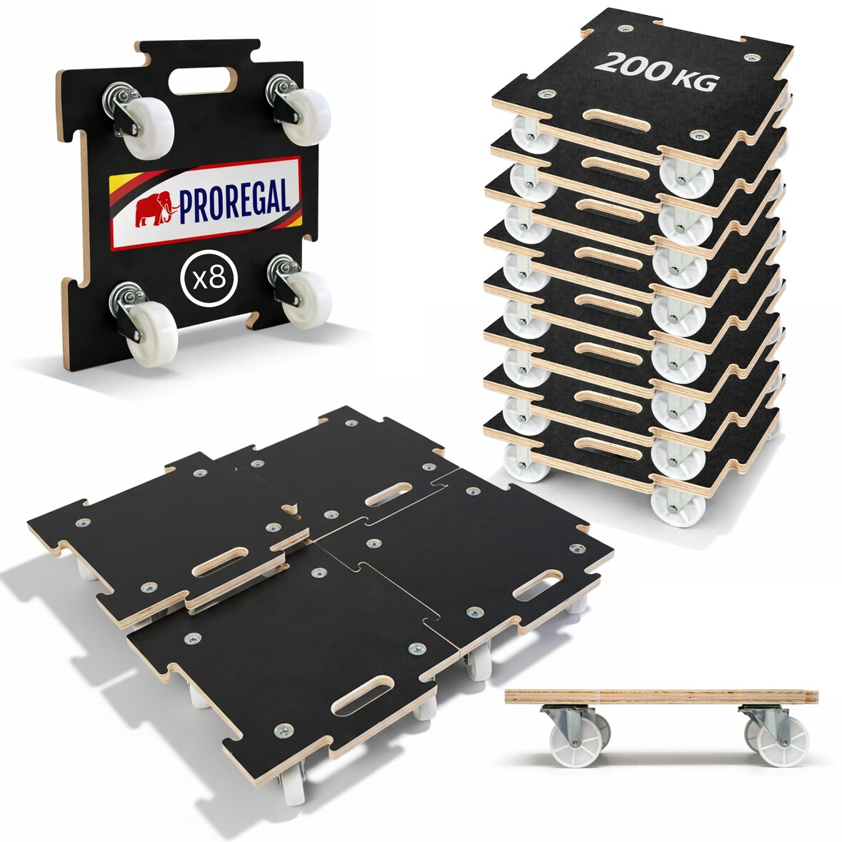 PROREGAL Mega Deal 8x Profi Transportroller HERCULES | BxT 39x39 cm | Traglast 200 kg | 4 Gummirollen & Griff | Siebdruckplatte