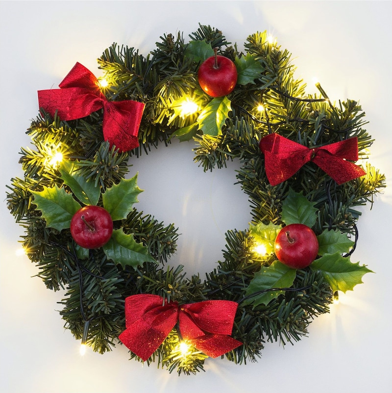 Ein Weihnachtskranz mit roten Schleifen und Lichtern.