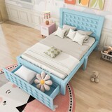 thumbnail of Einzelbett 90x200 aus Massivholz mit Stauraum und Schublade, Holzbett im kreativen Blockdesign, stabiles Bett mit Lattenrost, modernes Design Blau